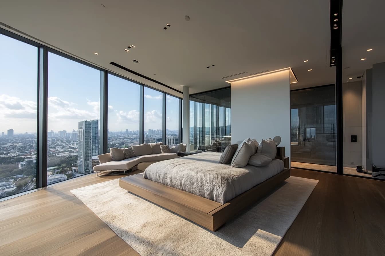 Penthouse kitchen with marble island and high-end appliances