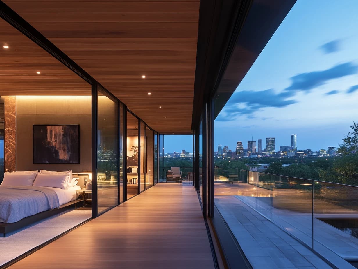 Dining area with chandelier and skyline views
