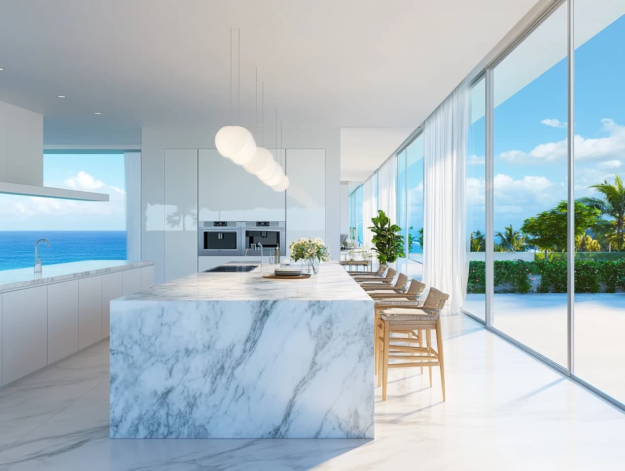 Spacious living room with ocean views and modern decor
